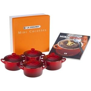 Le Creuset Stoneware Set of 4 Cocottes w/ Mini-Cocotte Cookbook - Cerise/Cherry